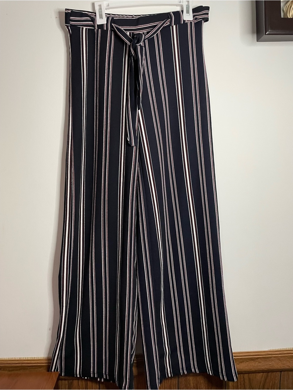 Hot Kiss Navy and White Vertical-Stripe Wide Leg Pants with Tie Waist